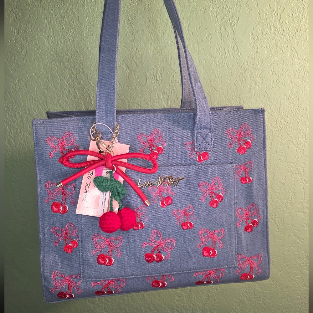 Betsey Johnson Blue Denim Tote with Red Cherry Embroidery - Picture 2 of 5
